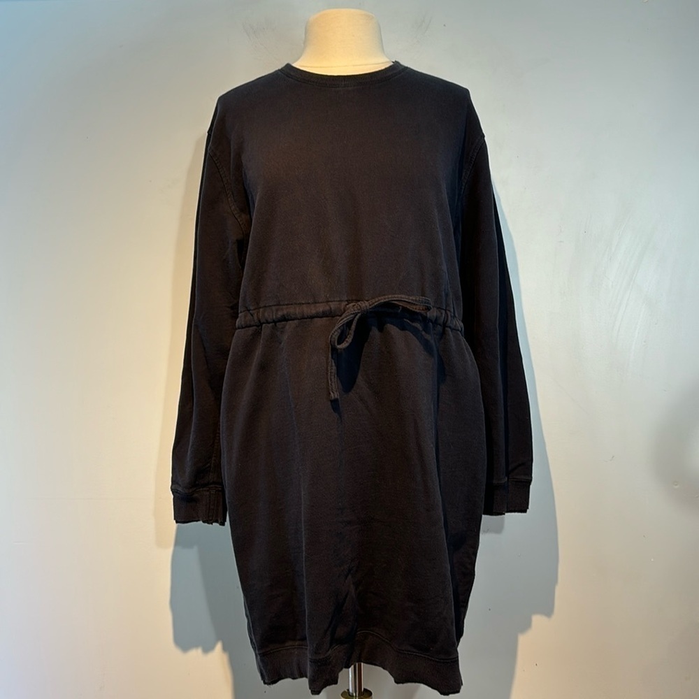 Norma Kamali navy blue Drawstring Waist Sweatshirt Dress raw edges  size large